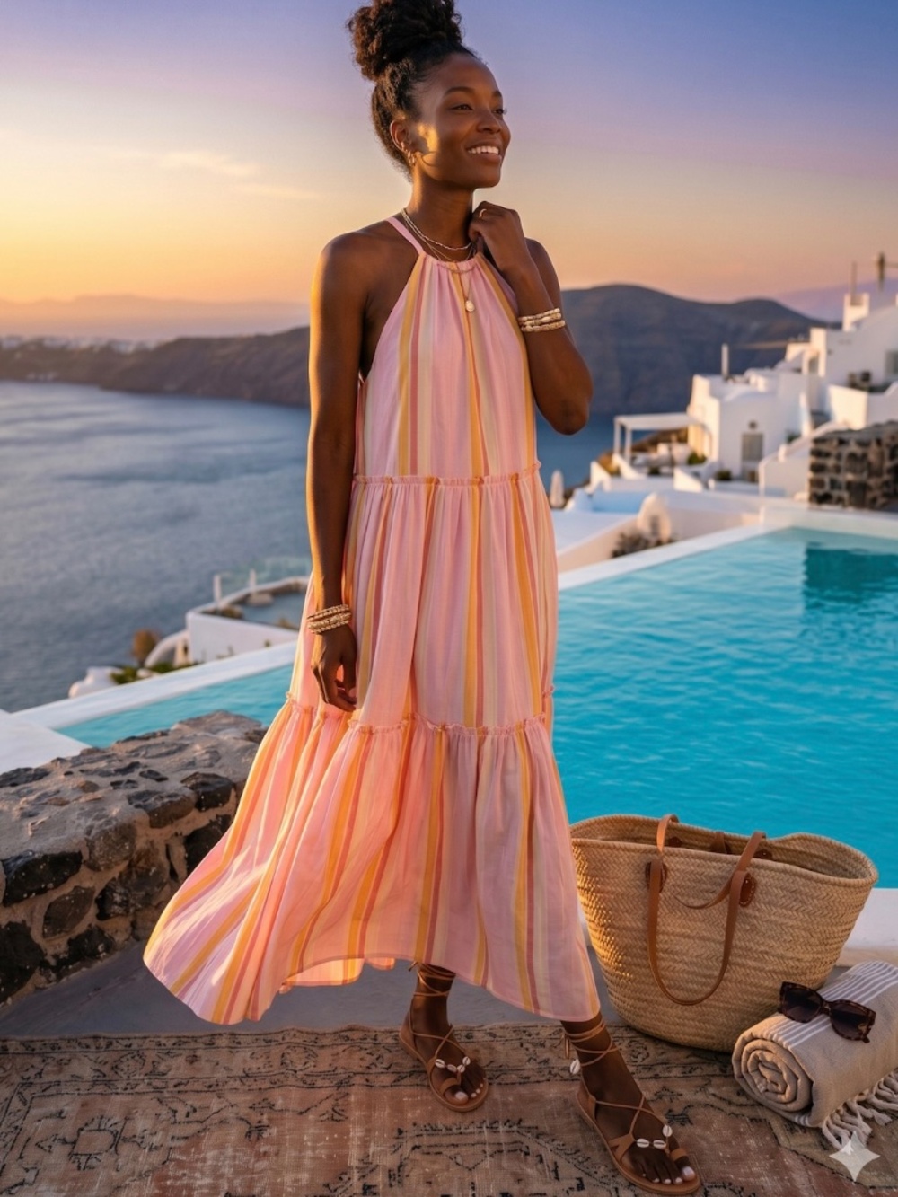 Club Monaco Silk Halter Midi Dress Pink Orange Striped Tiered Sundress Size 4